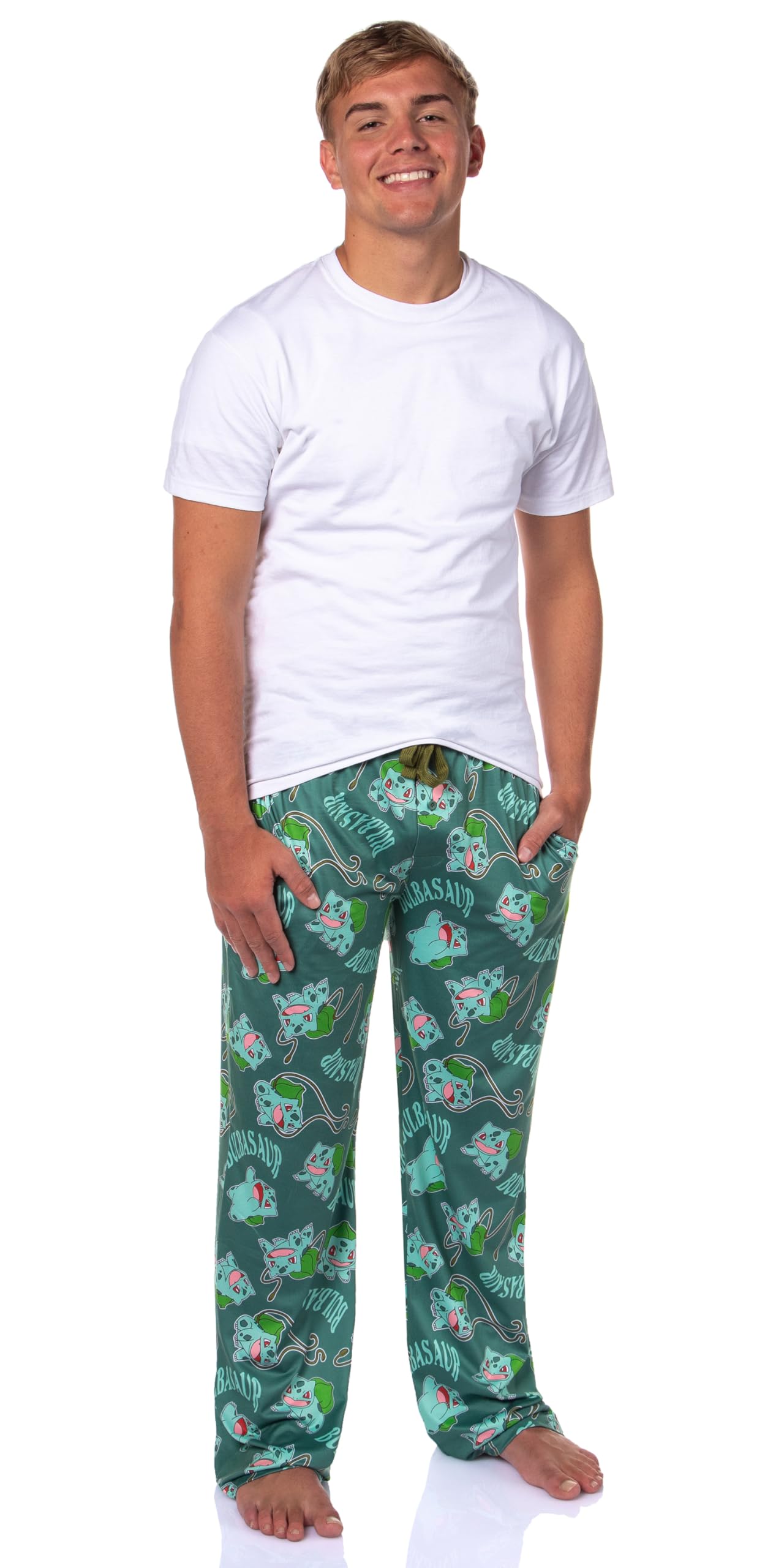 Mad Engine Pokemon Men's Bulbasaur #001 Vine Whip All Over Print Adult Pajama Pants Sleep Lounge Bottoms (Bulbasaur, 3X-Large)