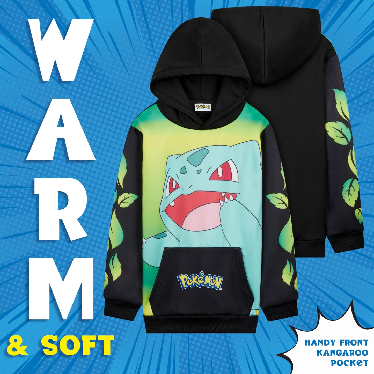 Pokemon Hoodie for Boys & Teens Hooded Sweatshirt Warm Anime Pikachu Sweater (Black/Yellow Bulbasaur, 9-10 Years)