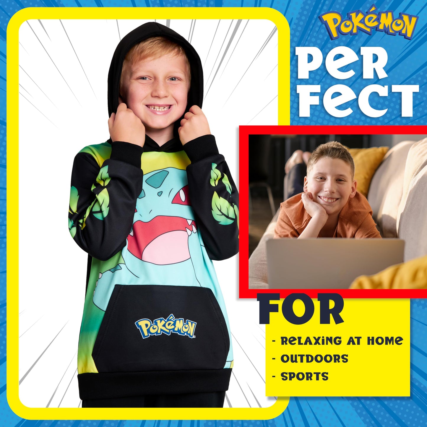 Pokemon Hoodie for Boys & Teens Hooded Sweatshirt Warm Anime Pikachu Sweater (Black/Yellow Bulbasaur, 9-10 Years)