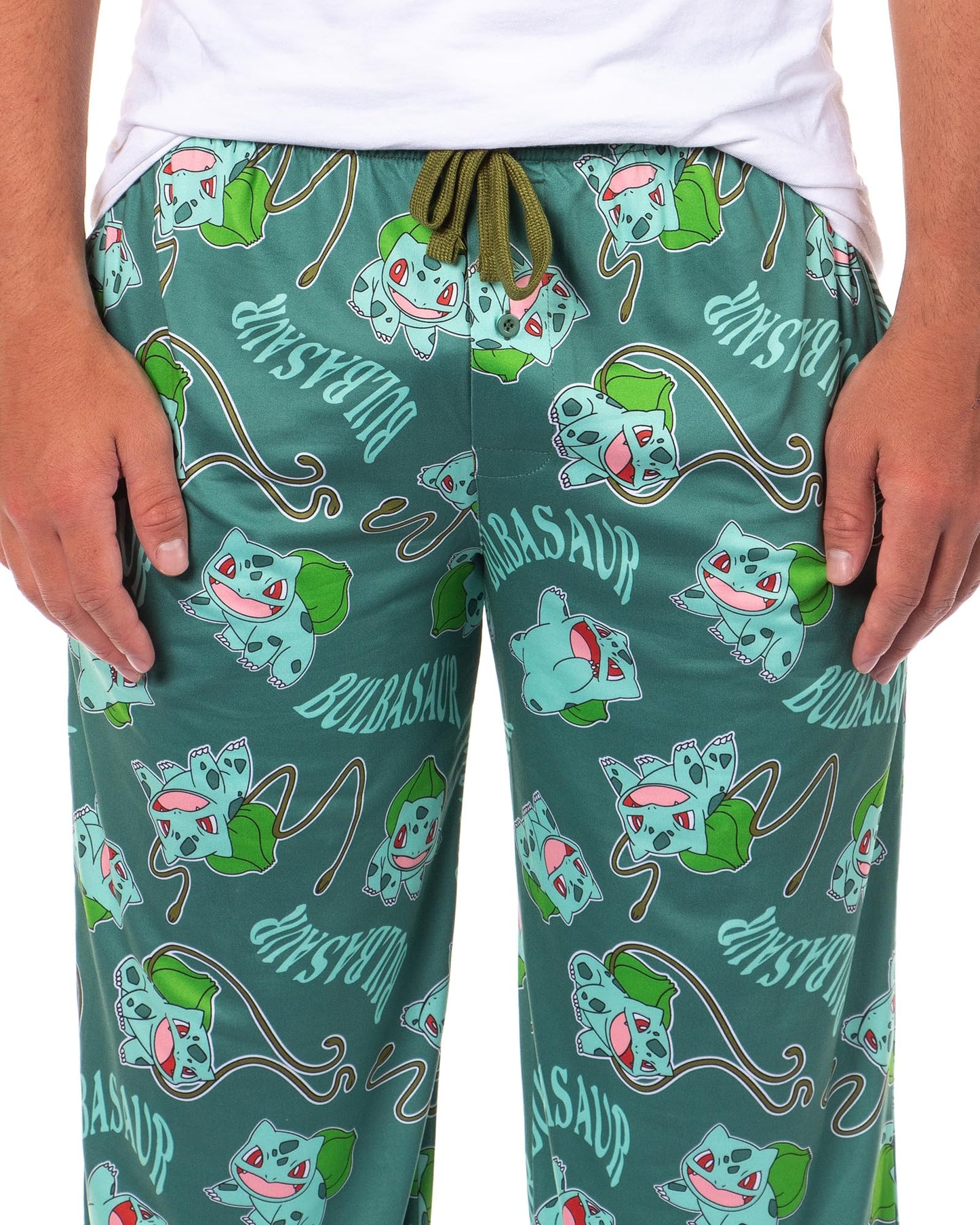 Mad Engine Pokemon Men's Bulbasaur #001 Vine Whip All Over Print Adult Pajama Pants Sleep Lounge Bottoms (Bulbasaur, 3X-Large)