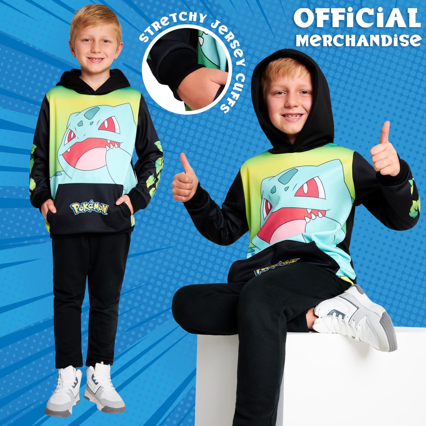 Pokemon Hoodie for Boys & Teens Hooded Sweatshirt Warm Anime Pikachu Sweater (Black/Yellow Bulbasaur, 9-10 Years)