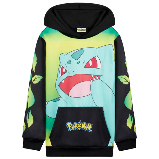 Pokemon Hoodie for Boys & Teens Hooded Sweatshirt Warm Anime Pikachu Sweater (Black/Yellow Bulbasaur, 9-10 Years)