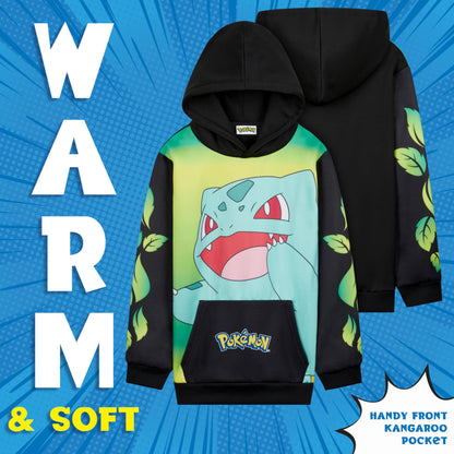 Pokemon Hoodie for Boys & Teens Hooded Sweatshirt Warm Anime Pikachu Sweater (Black/Yellow Bulbasaur, 9-10 Years)
