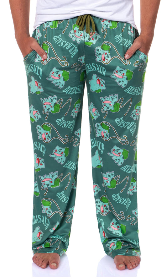 Mad Engine Pokemon Men's Bulbasaur #001 Vine Whip All Over Print Adult Pajama Pants Sleep Lounge Bottoms (Bulbasaur, 3X-Large)